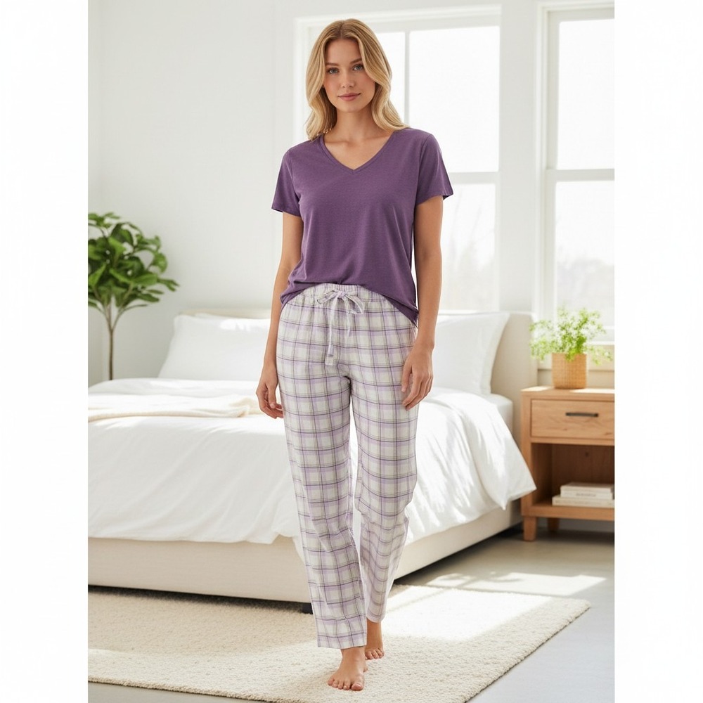 Womens Pajama Set Small Vintage Violet V-Neck Sunday Plaid Pants NEW Cozy